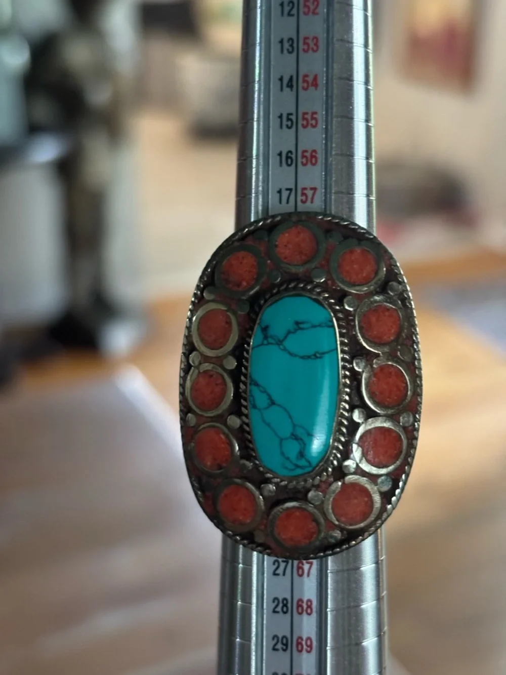 Tibetan Silver Turquoise and Coral Oval Statement Ring Size 10
